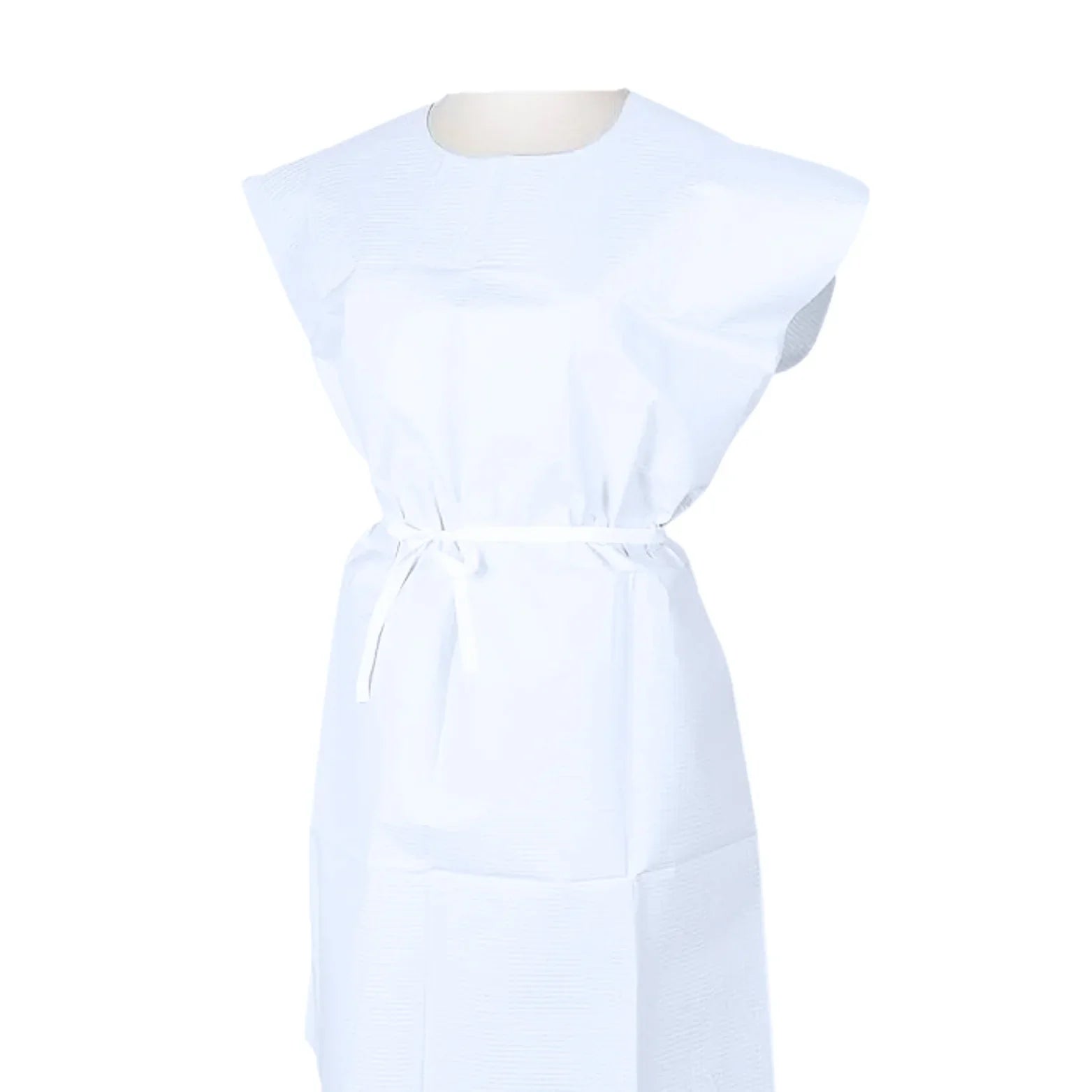Disposable white medical gown with tie waist for healthcare or home care use