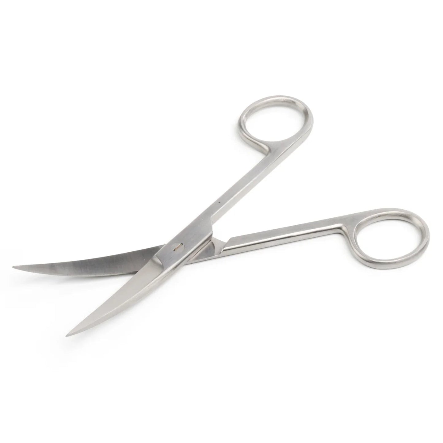 Stainless steel curved medical bandage scissors on white background