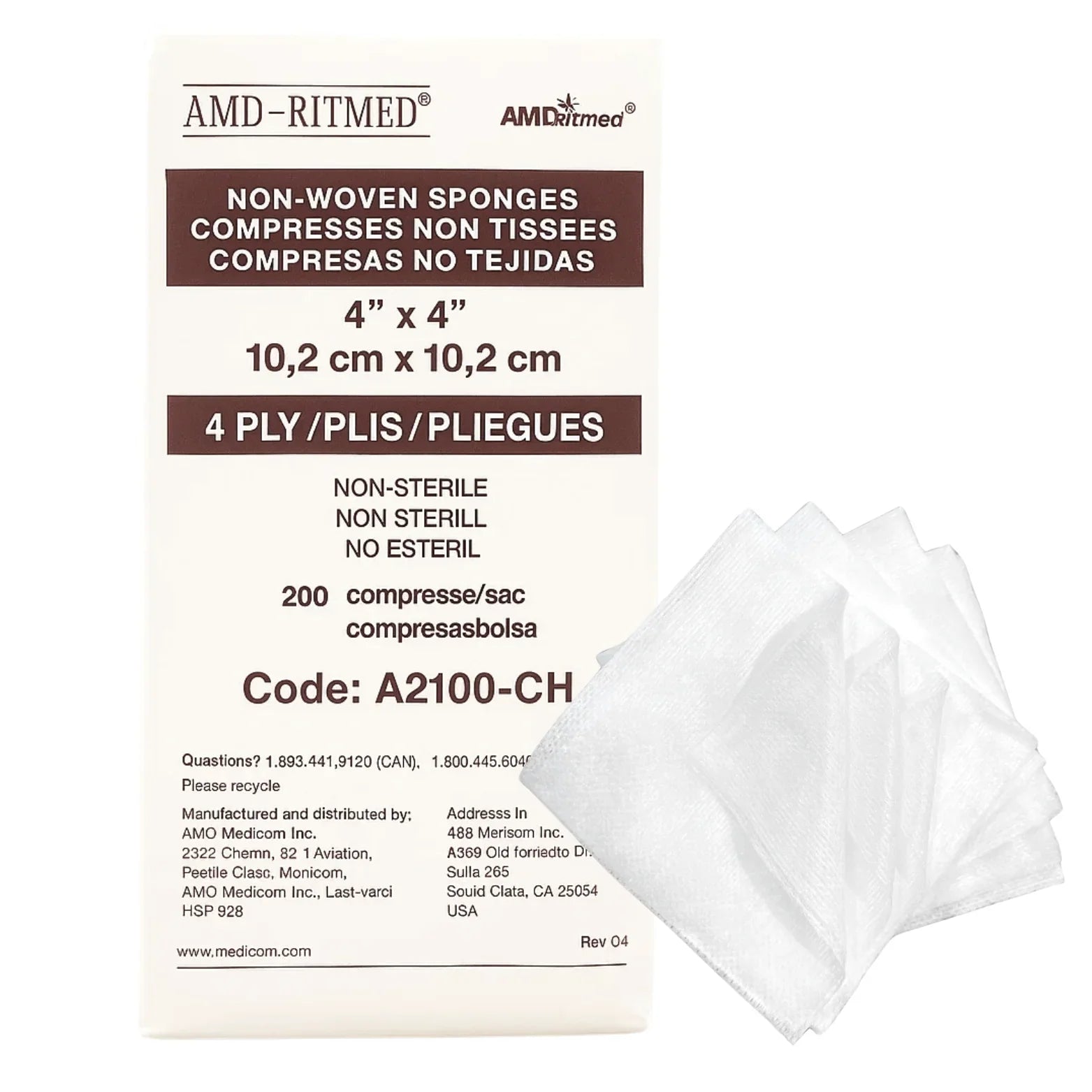 AMD-Ritmed non-woven 4x4 inch non-sterile medical sponges, 4 ply, 200 pack, with loose sponges displayed