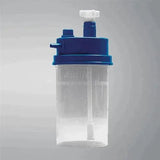 Medical oxygen humidifier bottle with blue cap and clear chamber for respiratory therapy