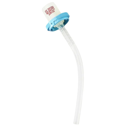 IV bag spike with blue cap and clear tubing for medical fluid administration