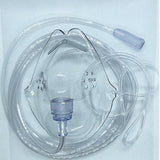 Clear oxygen mask with attached tubing for respiratory therapy or medical use