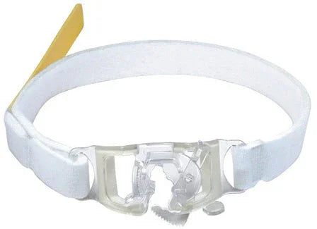 White adjustable tracheostomy tube holder with plastic clasp for medical use