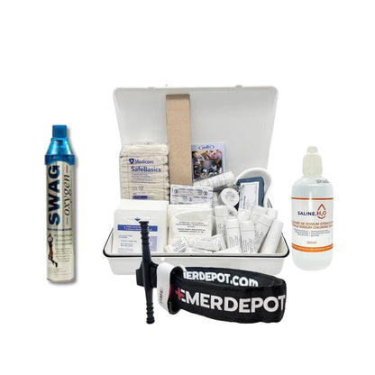 Emergency first aid kit with oxygen can, saline solution, bandages, and tourniquet