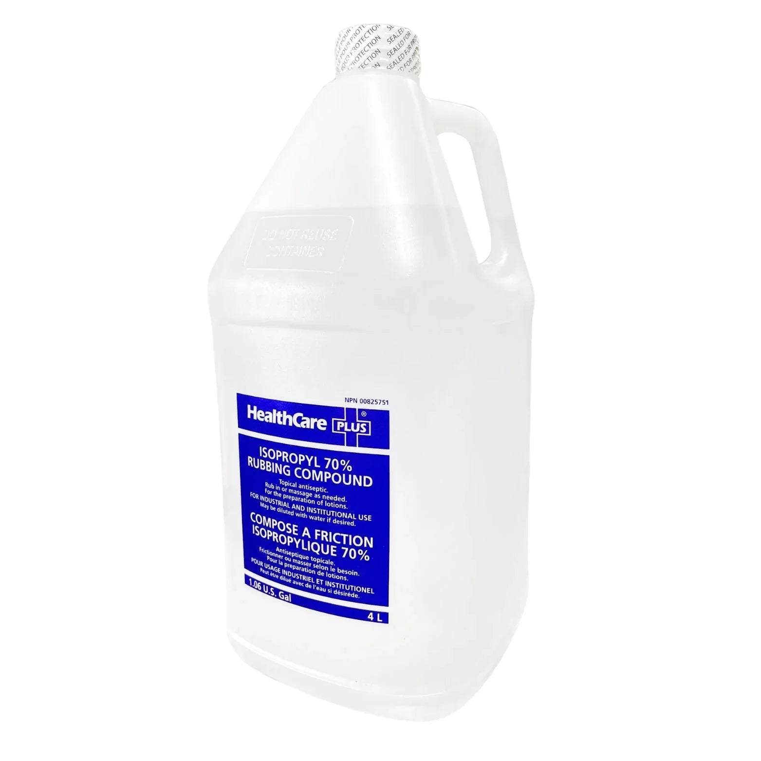 4L bottle of isopropyl 70% rubbing alcohol antiseptic with blue label, healthcare supply