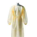 Yellow disposable isolation gown with long sleeves and elastic cuffs for medical use