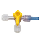 Medical three-way stopcock with yellow valve for IV and fluid management