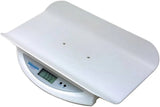 Digital baby scale with a white tray and LCD display for medical use