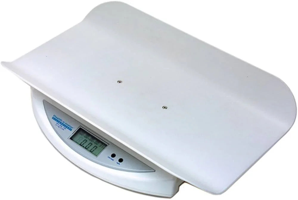 Digital baby scale with a white tray and LCD display for medical use