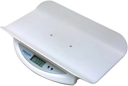 Digital baby scale with a white tray and LCD display for medical use