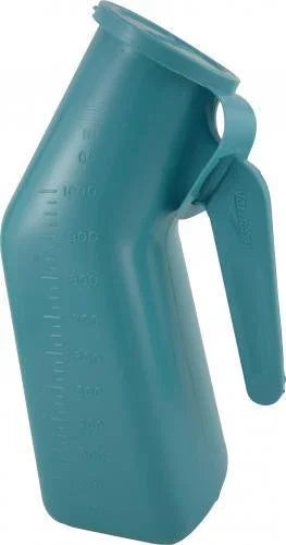 Plastic male urinal bottle with handle and measurement markings for home care use