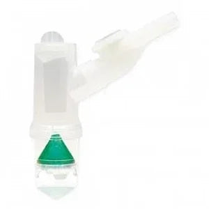 Disposable nebulizer with green baffle for respiratory therapy on white background