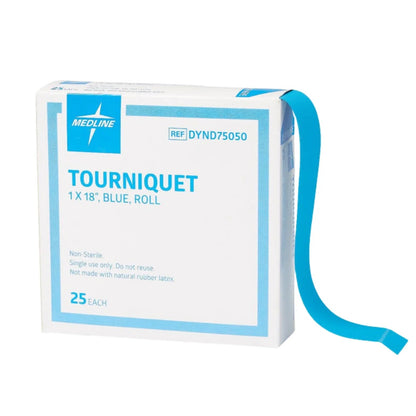 Box of Medline blue tourniquet rolls, 1 x 18 inch, for medical and home care use