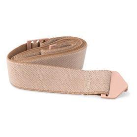 Beige adjustable ostomy belt with plastic clasp on white background, home care accessory
