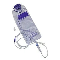 Sterile medical IV fluid bag with clear tubing and flow control, used for home care or hospital use