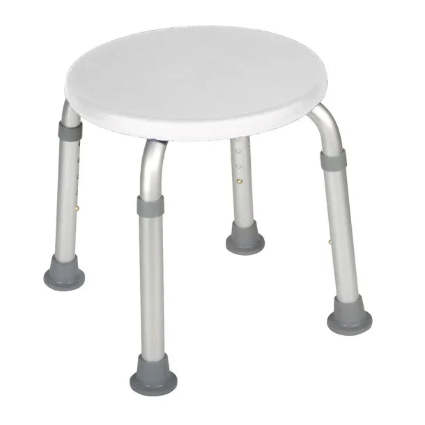 Round adjustable shower stool with non-slip rubber feet for home care and bathroom safety.