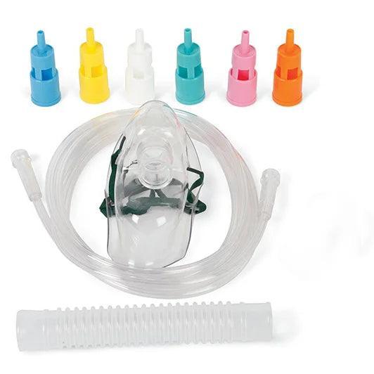 Adult oxygen mask kit with 6 colored diluters, 7ft tubing and adapter for respiratory care