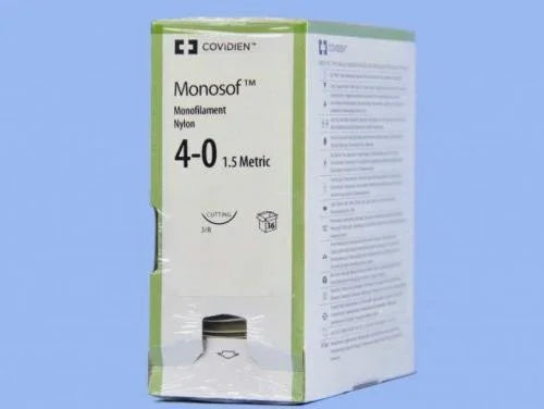 Covidien Monosof nylon monofilament suture 4-0, medical supply box on blue background