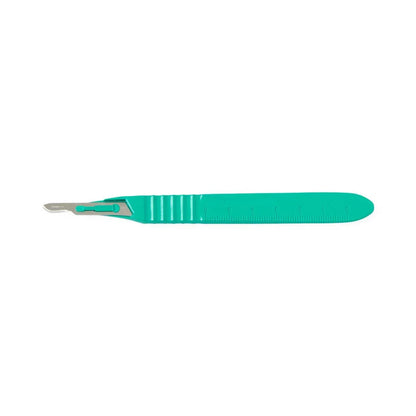 Disposable surgical scalpel with green plastic handle and stainless steel blade on white background
