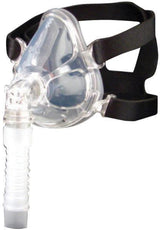Clear medical oxygen face mask with adjustable black straps and flexible hose for respiratory use