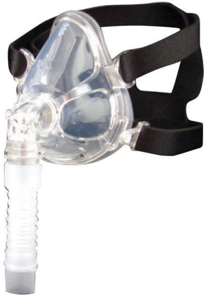 Clear medical oxygen face mask with adjustable black straps and flexible hose for respiratory use