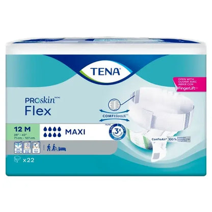 TENA Proskin Flex adult incontinence briefs package, size 12M, 22 count, absorbent pads.