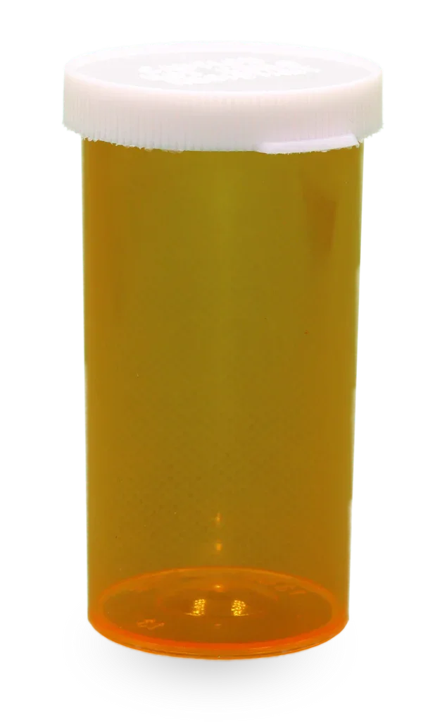 Empty amber prescription pill bottle with white child-resistant cap