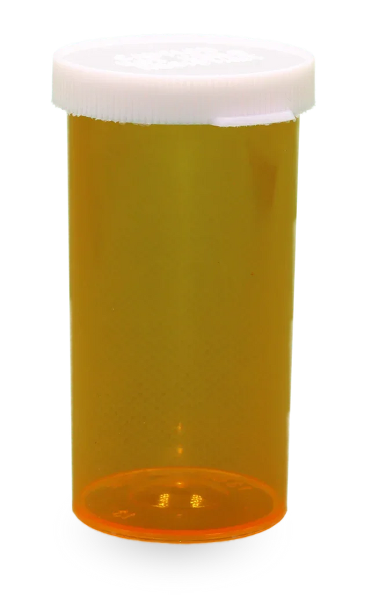 Empty amber prescription pill bottle with white child-resistant cap