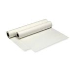 Two medical exam table paper rolls unrolling on white background