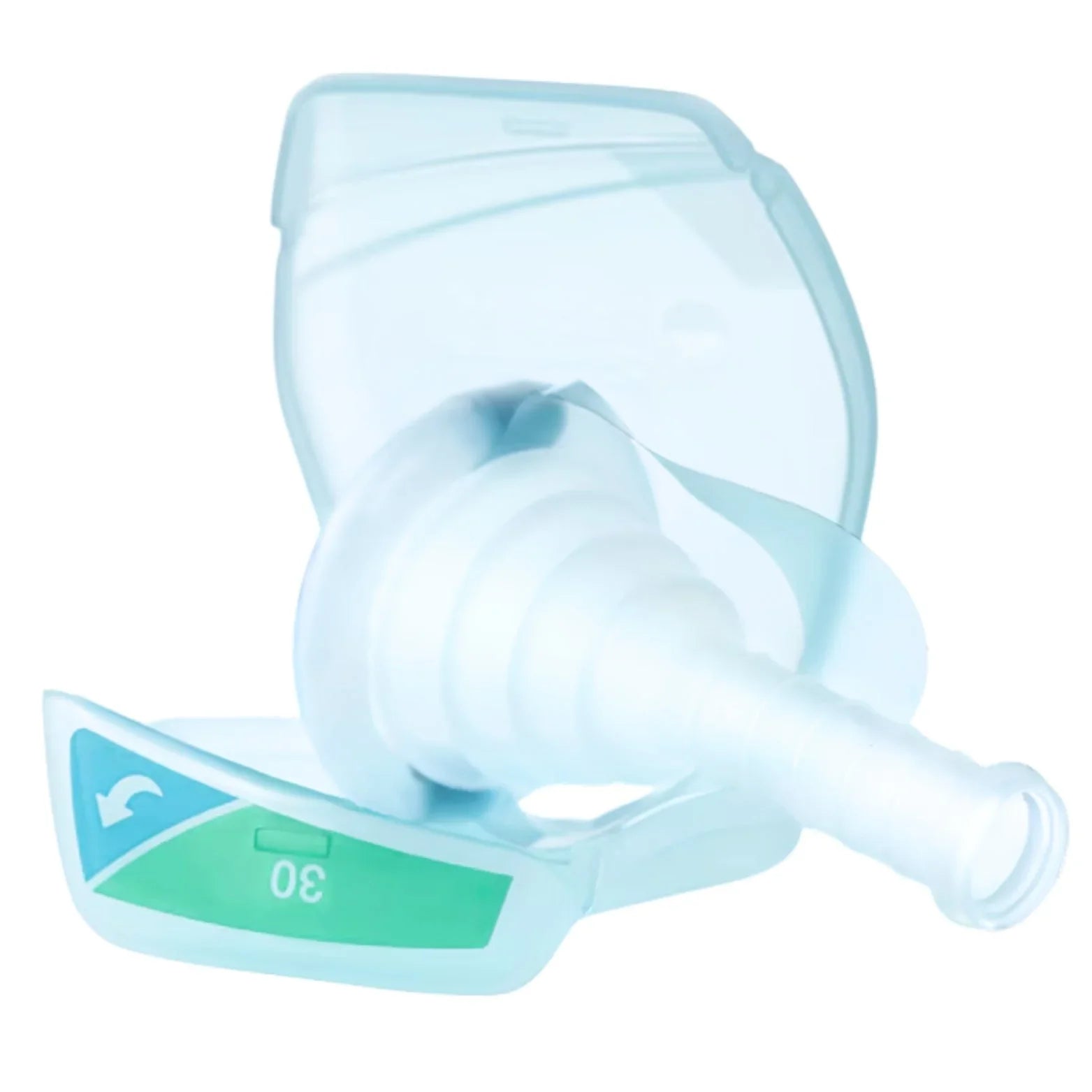 Close-up of a plastic inhaler device for respiratory therapy, dosage indicator showing 30