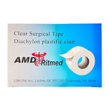 Clear surgical tape 1 x 10 yds roll in blue and white box, medical supply product