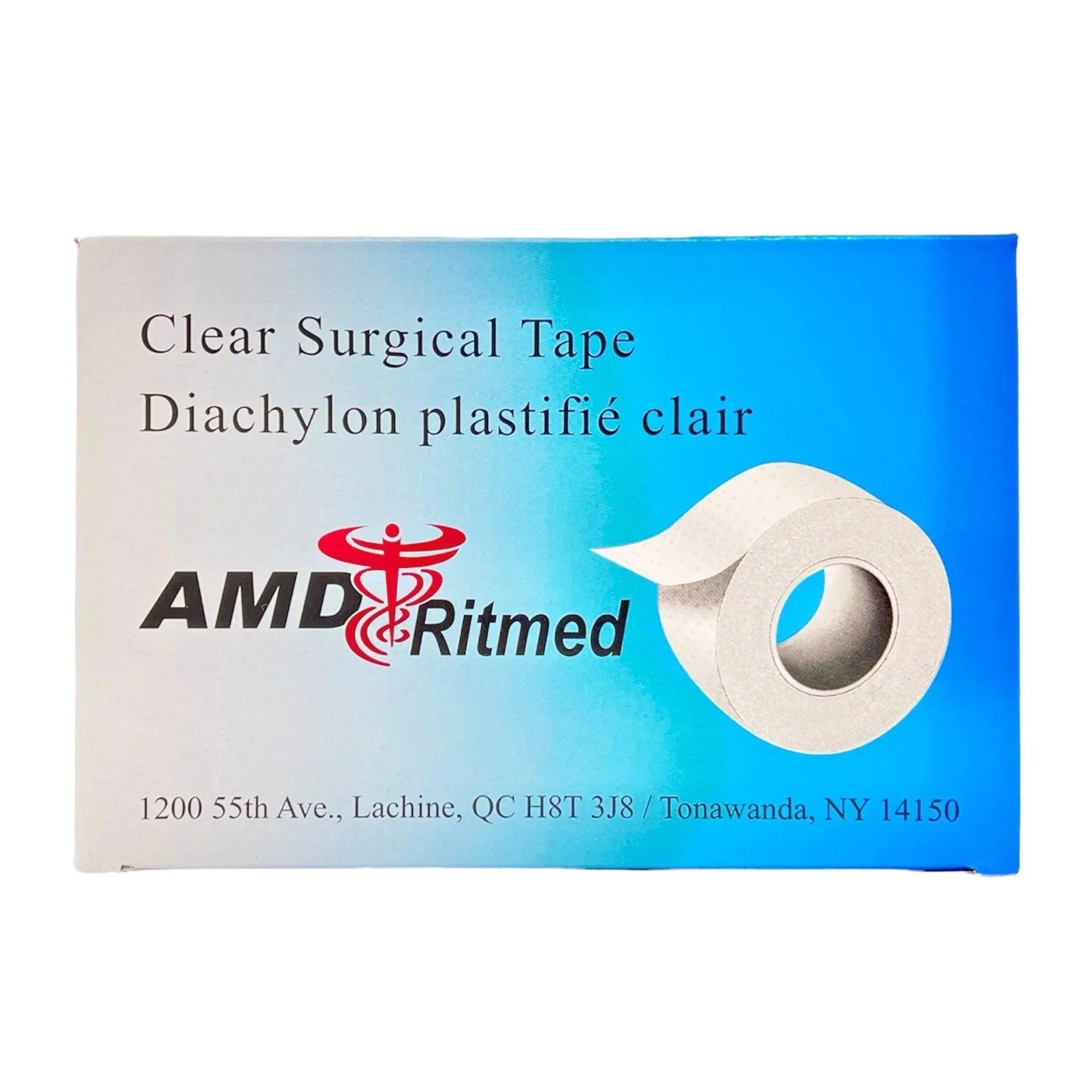 Clear surgical tape 1 x 10 yds roll in blue and white box, medical supply product
