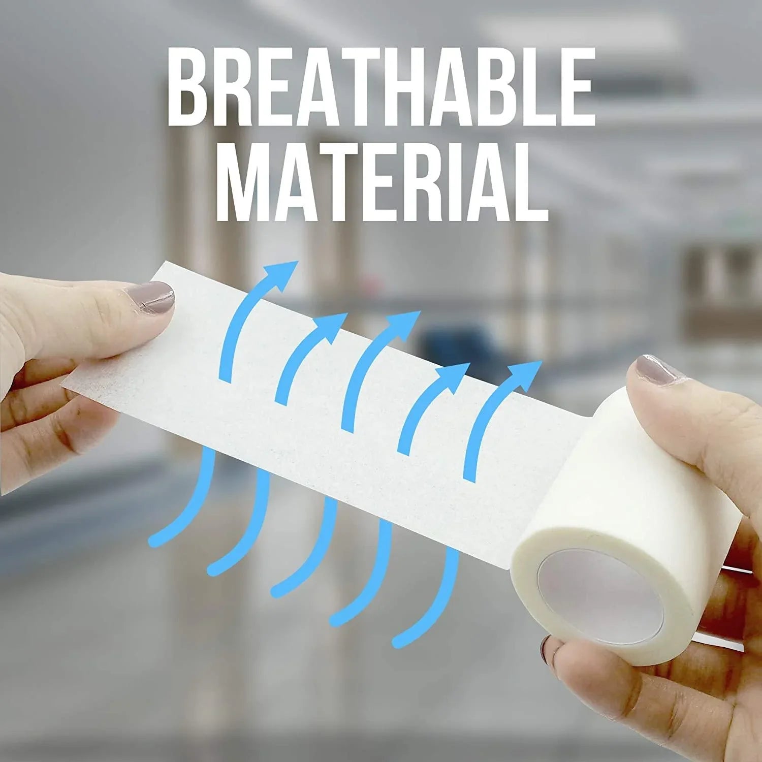 Hands holding breathable medical surgical paper tape with airflow illustration in hospital.