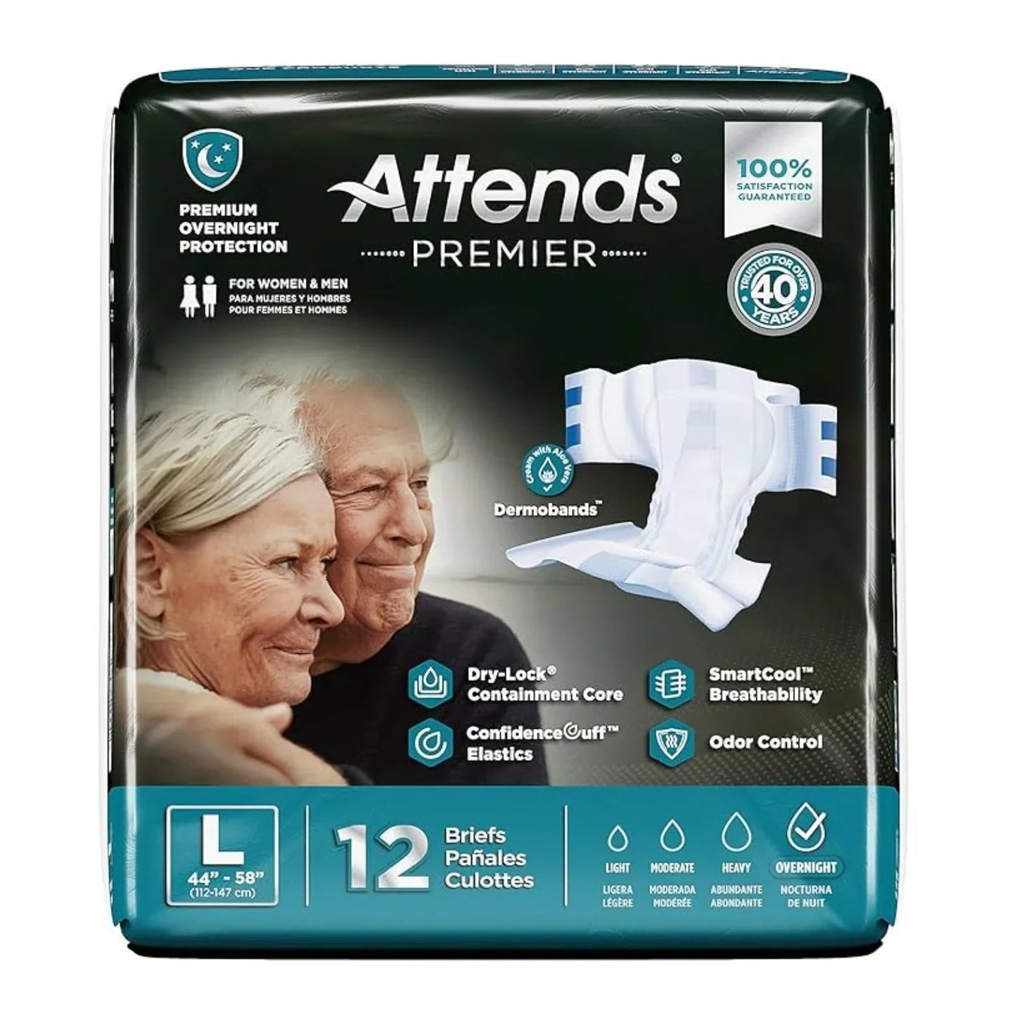 Attends Premier large adult overnight briefs packaging, 12 count, for men and women incontinence care.