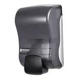 Black wall-mounted hand sanitizer dispenser with push lever for medical or home care use
