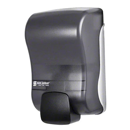 Black wall-mounted hand sanitizer dispenser with push lever for medical or home care use
