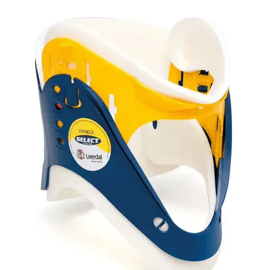 Adjustable cervical neck collar for emergency spinal immobilization, blue and yellow design.