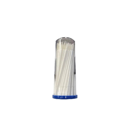 Disposable cotton swabs in clear plastic container with blue lid for medical use
