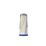 Disposable white cotton swabs in a clear plastic container with blue lid, medical supplies