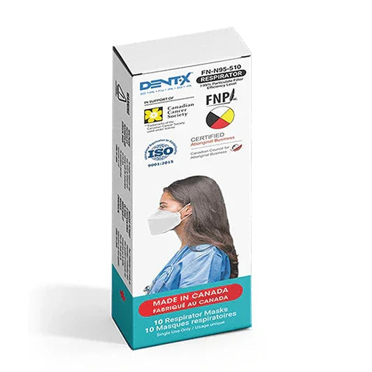 Box of Canadian-made FN-N95 respirator masks featuring woman wearing a white medical mask