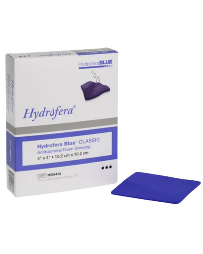 Hydrofera Blue antibacterial foam dressing 4x4 inch box with blue wound care pad