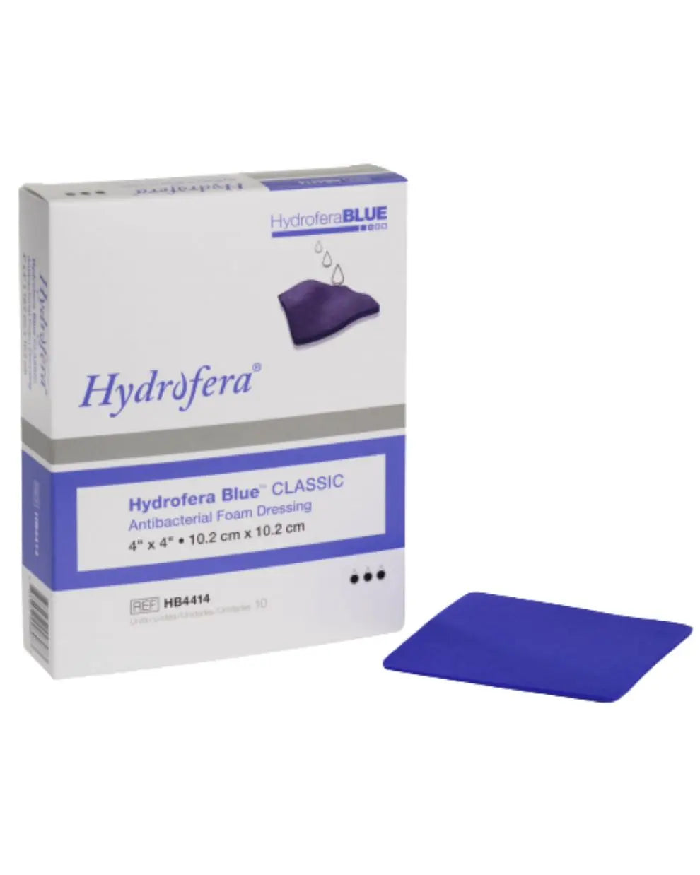 Hydrofera Blue antibacterial foam dressing 4x4 inches, box with blue foam pad for wound care