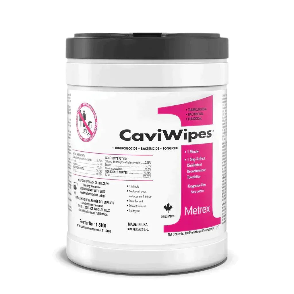 CaviWipes container with black lid for disinfecting surface wipes, 160 pre-saturated towelettes.