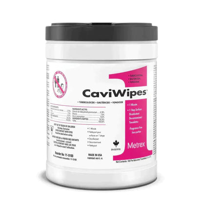 CaviWipes container with black lid for disinfecting surface wipes, 160 pre-saturated towelettes.
