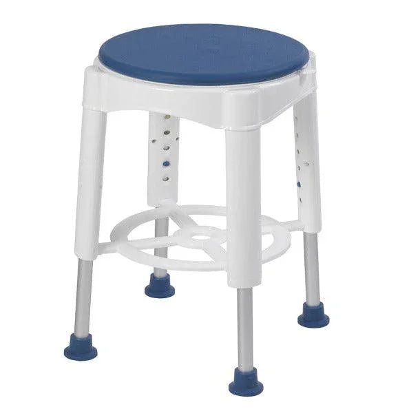 Adjustable medical shower stool with blue seat and non-slip feet for home care