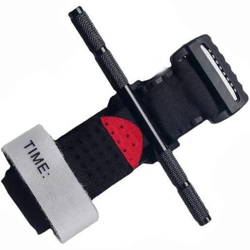 Black emergency tourniquet with windlass, red indicator, and white TIME label for first aid