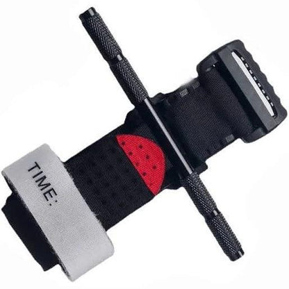 Black emergency tourniquet with windlass, red indicator, and white TIME label for first aid