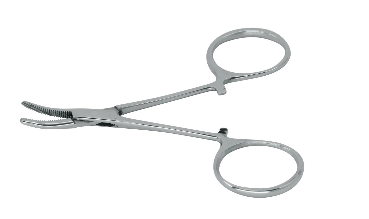 Curved stainless steel medical hemostat forceps with locking handle on white background