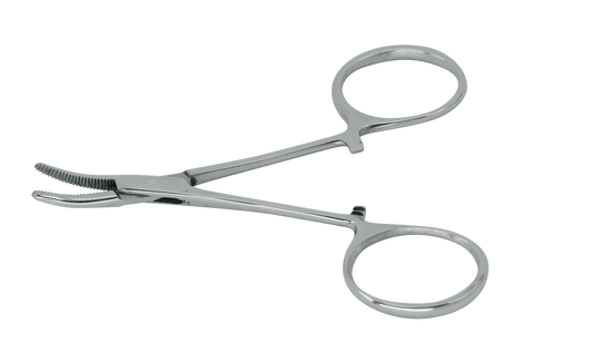 Curved stainless steel medical hemostat forceps with locking handle on white background