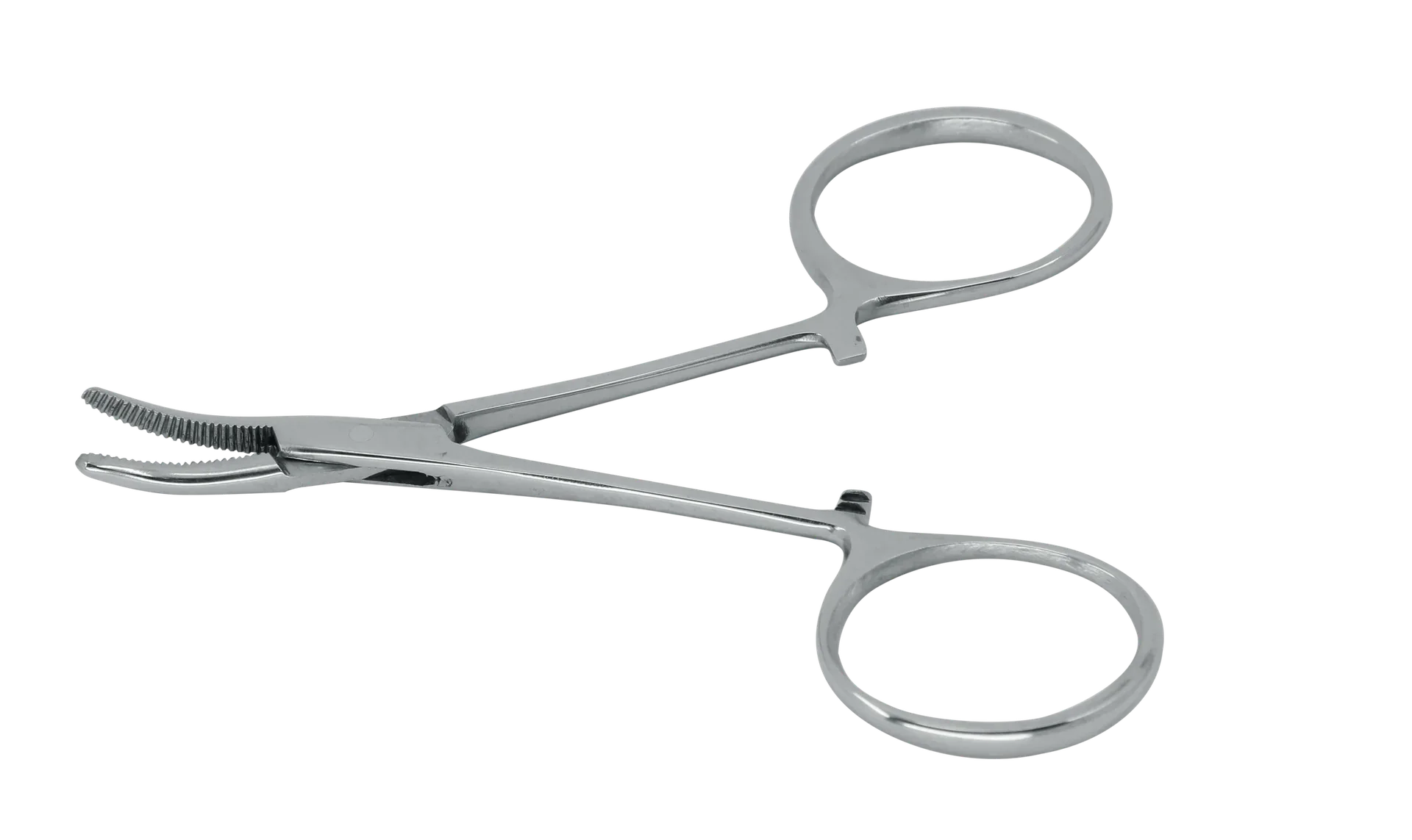 Stainless steel curved medical hemostat with serrated jaws on white background